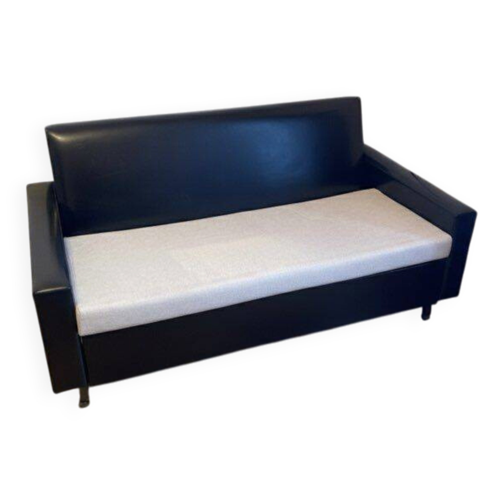Compact vintage canapé - convertible 2-seater black skai – 70s/80s