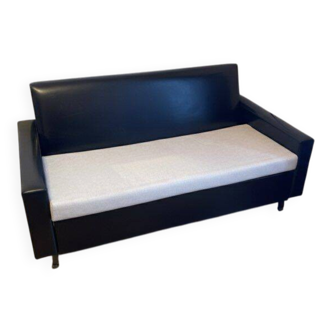 Compact vintage canapé - convertible 2-seater black skai – 70s/80s