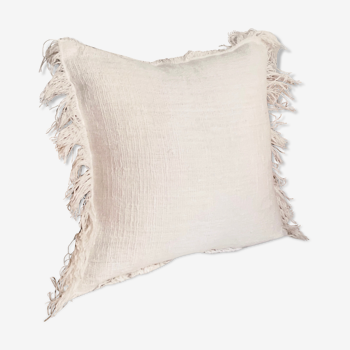 Coussin bohème blanc lin frangé