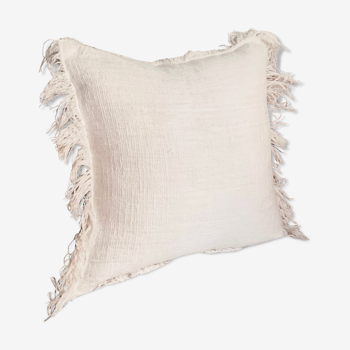 White linen bohemian cushion fringed