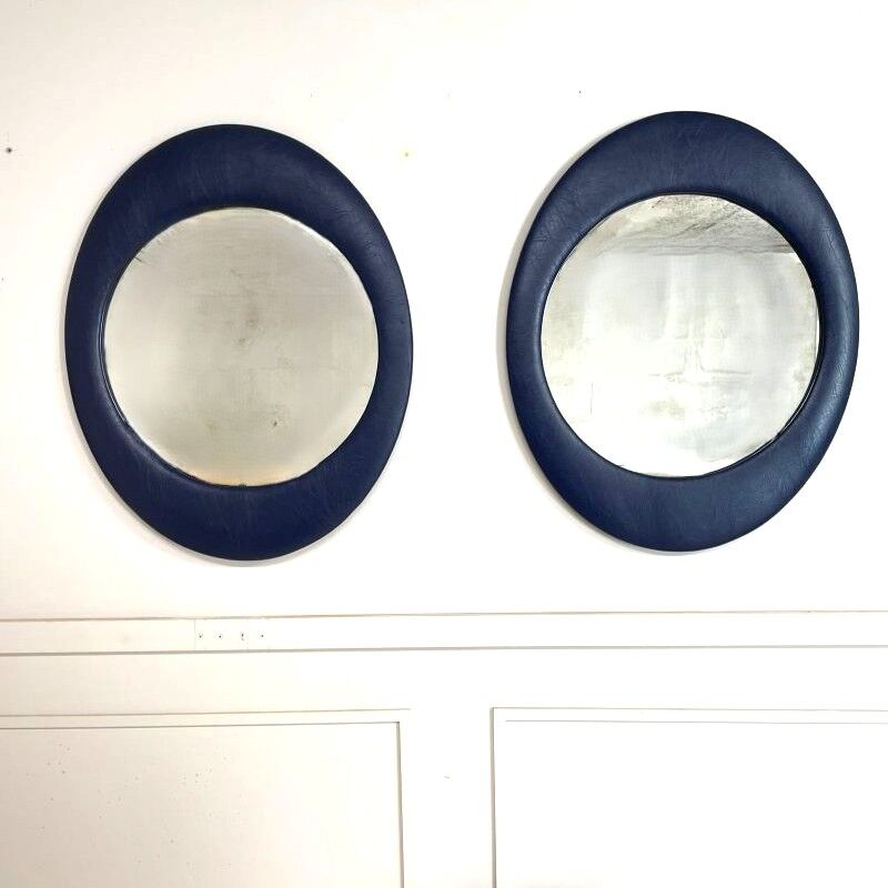 Oval wall mirror 1970s blue faux leather