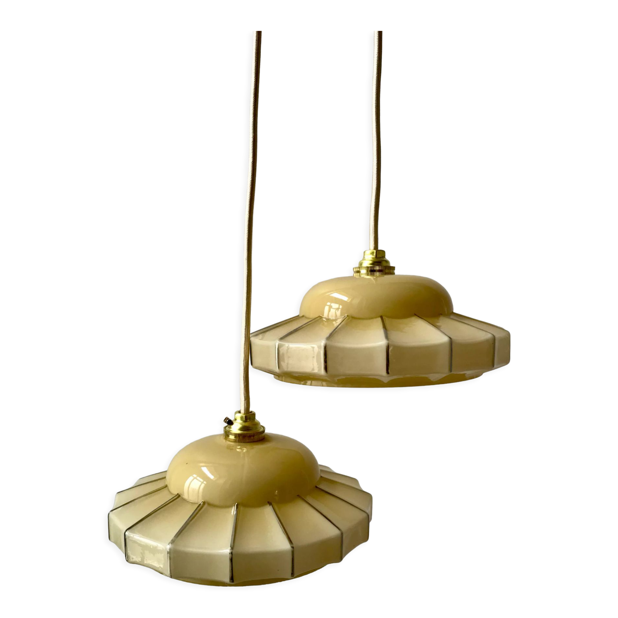 Pair of suspensions in opaline glass cream and silver border art deco 30s