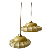 Pair of suspensions in opaline glass cream and silver border art deco 30s