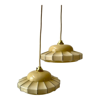 Pair of suspensions in opaline glass cream and silver border art deco 30s
