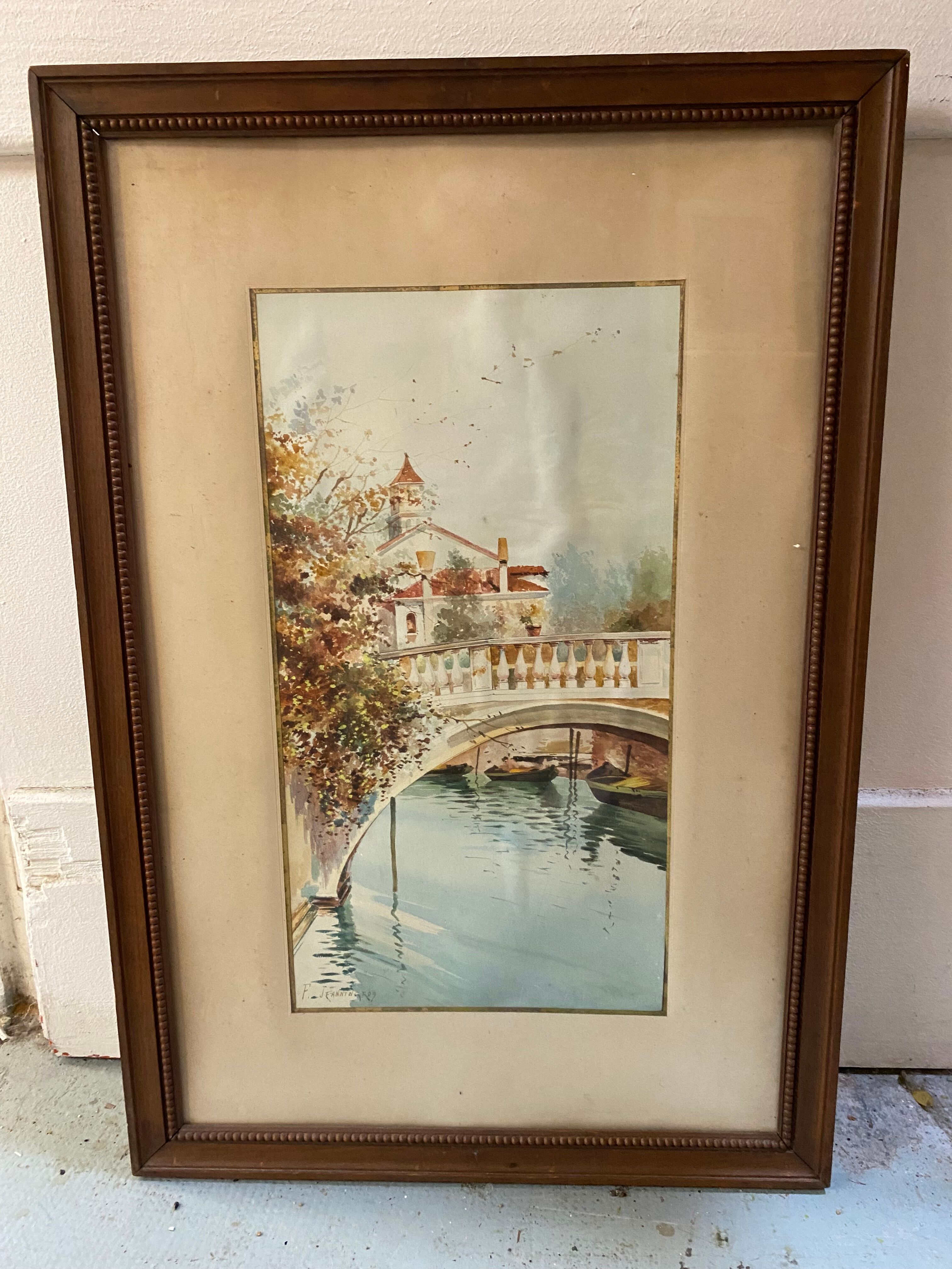Small bridge in venice watercolor signed f. jeannin big framed early twentieth century