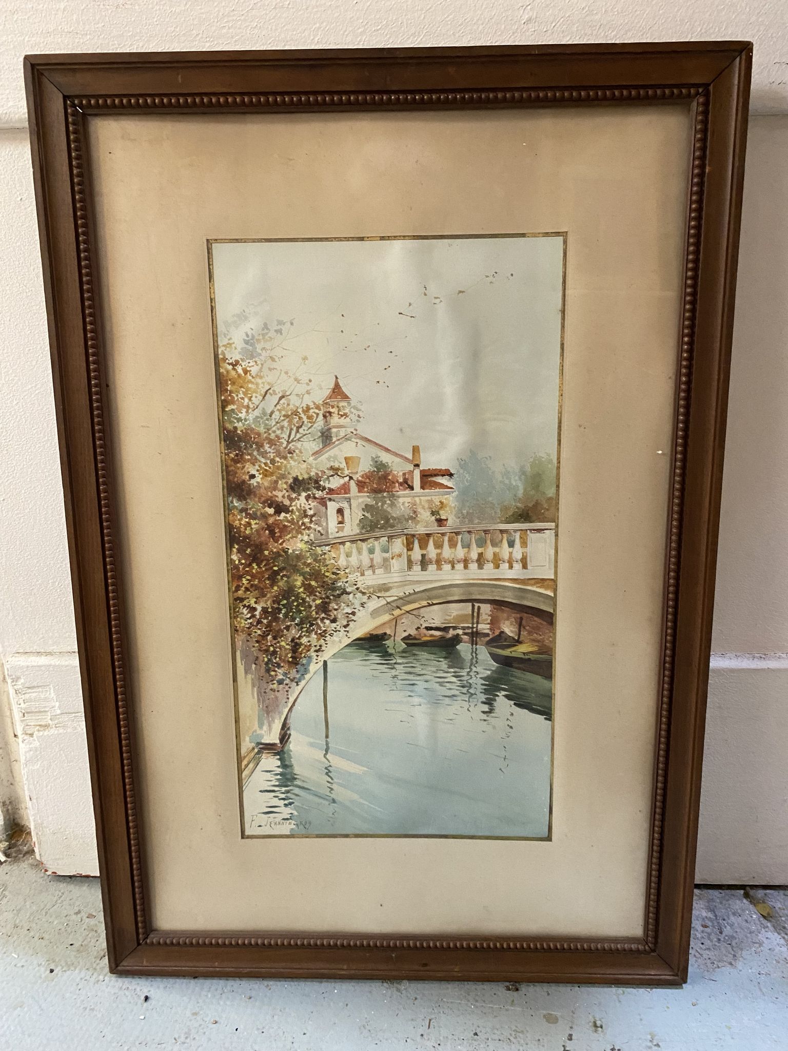 Small bridge in venice watercolor signed f. jeannin big framed early twentieth century