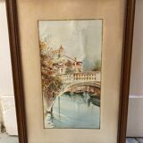 Small bridge in venice watercolor signed f. jeannin big framed early twentieth century