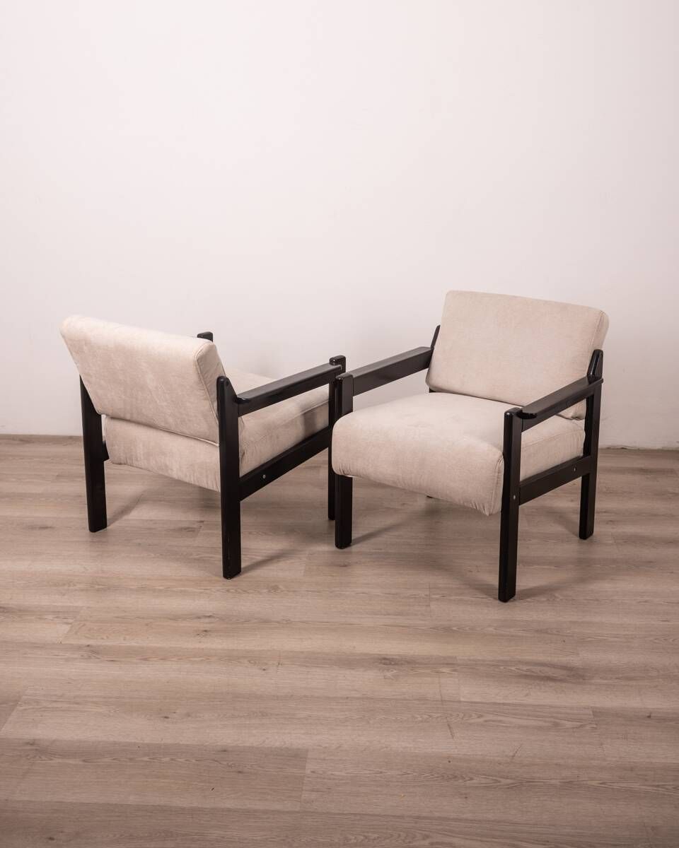 Pair of vintage 80's armchairs in wood and fabric italian design