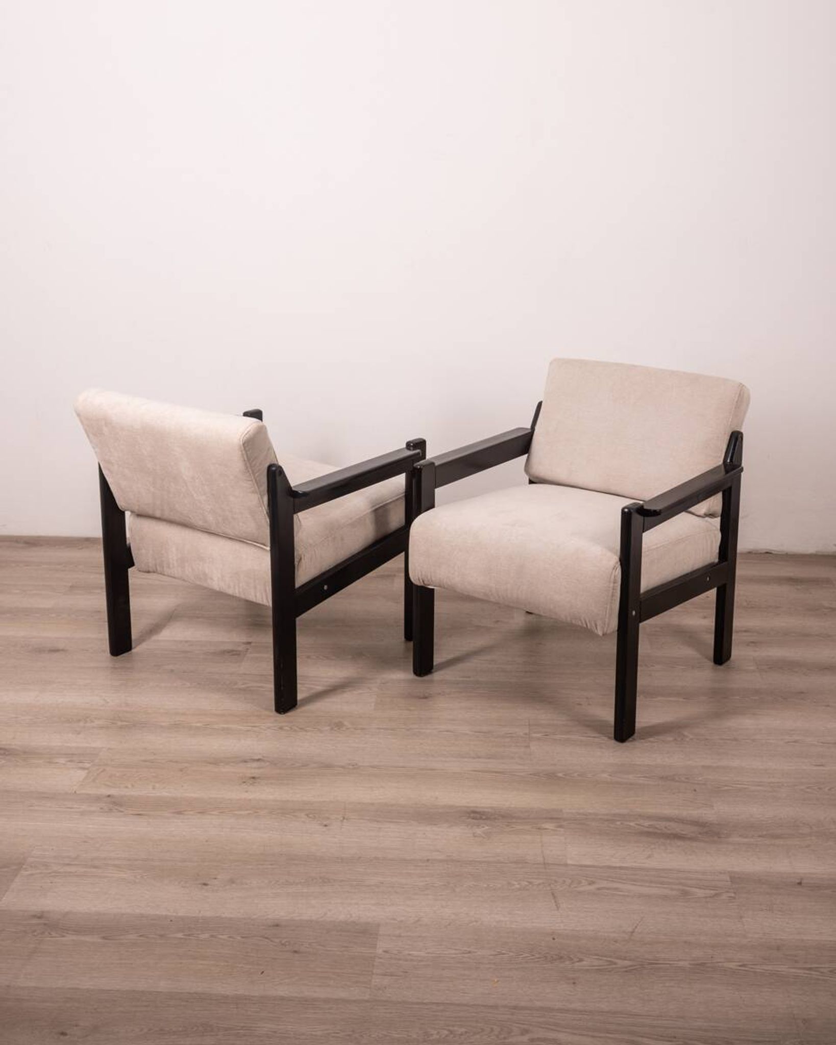 Pair of vintage 80's armchairs in wood and fabric italian design