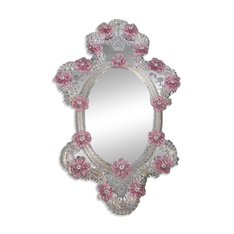 Classic Italian Venetian Oval Pink Floral Mirror in Hand-Carved Murano Glas