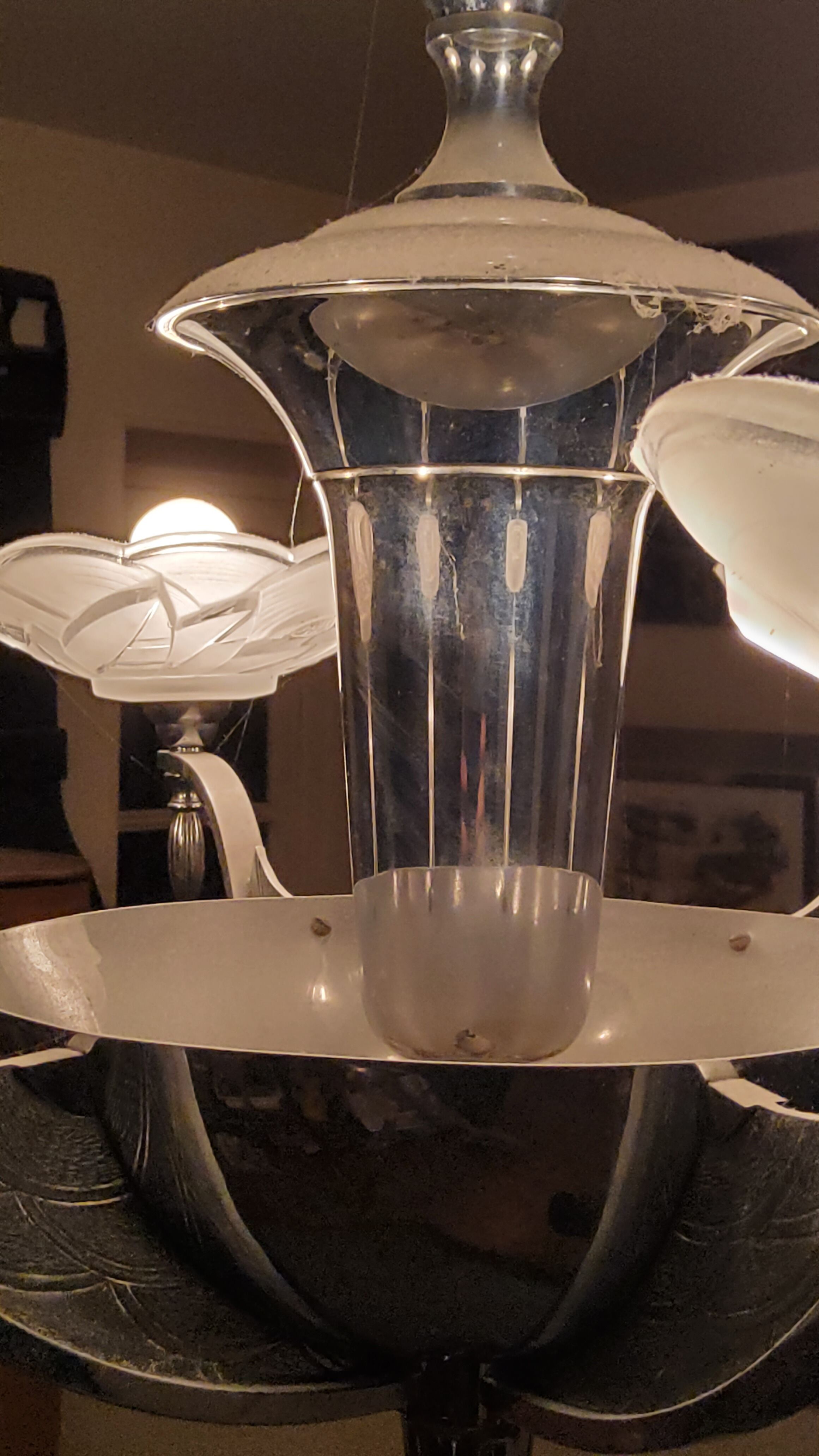 Art deco chandelier in chromed metal and glass 6 arms of lights