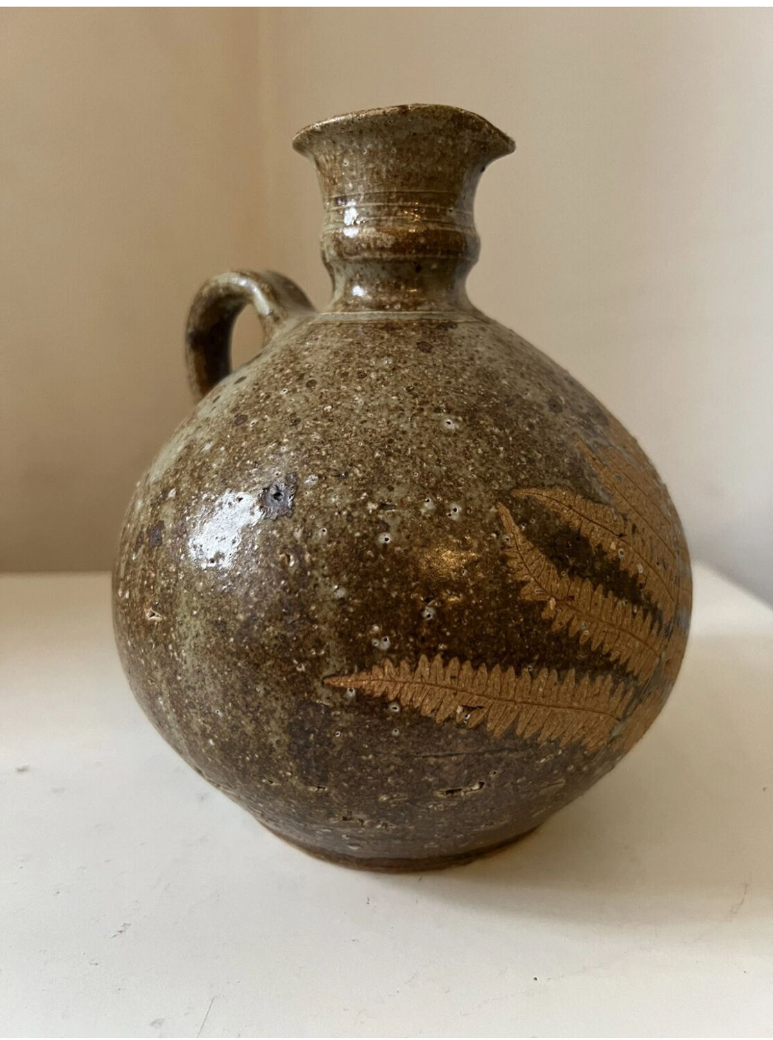 Vintage stoneware pitcher/jug by Alain Blanchard, decorated with leaves and ferns