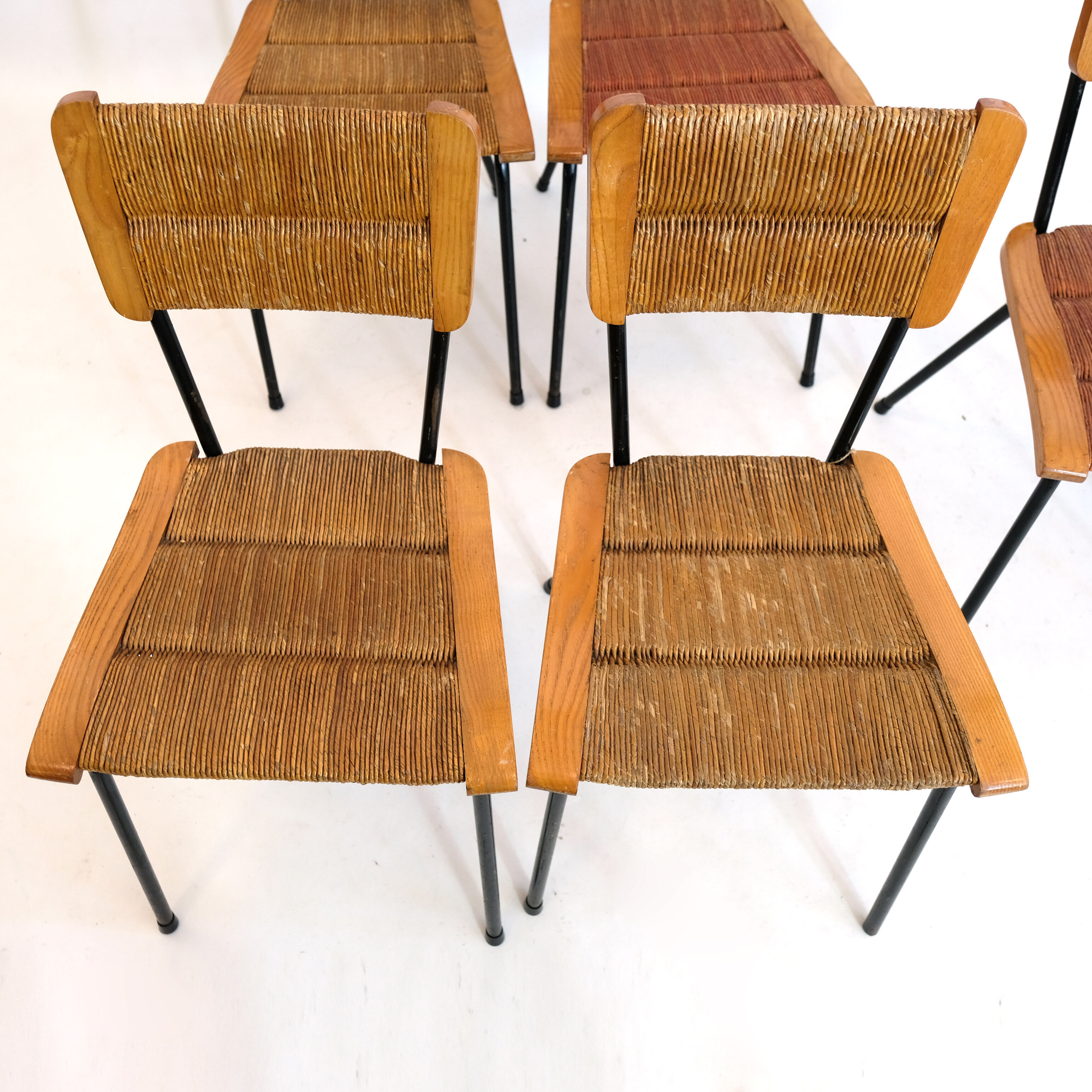 Suite of 6 chairs, wood straw and metal from the 50s