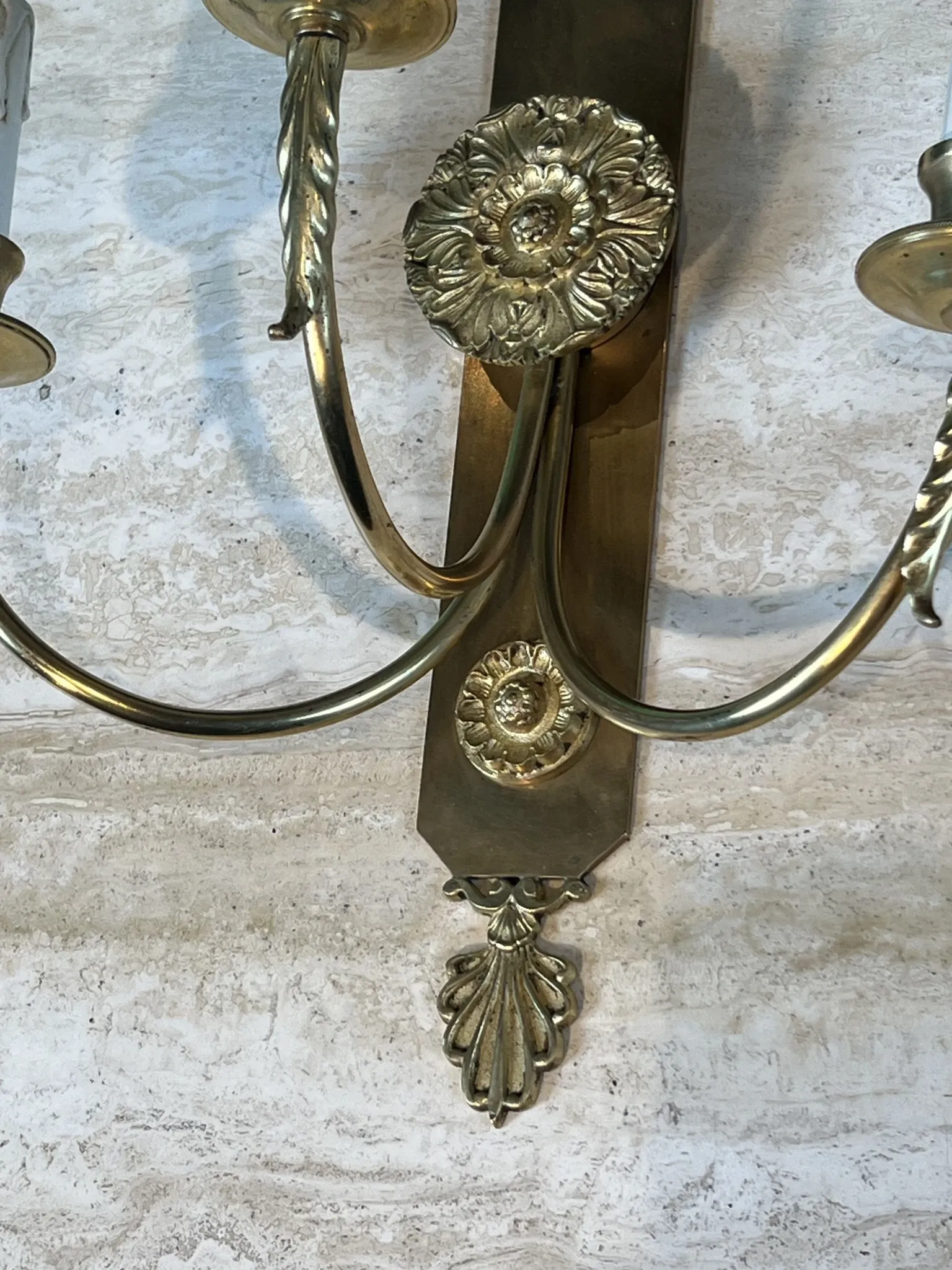 Pair of Neoclassical Wall Lights with Three Arms in Brass with Decoration