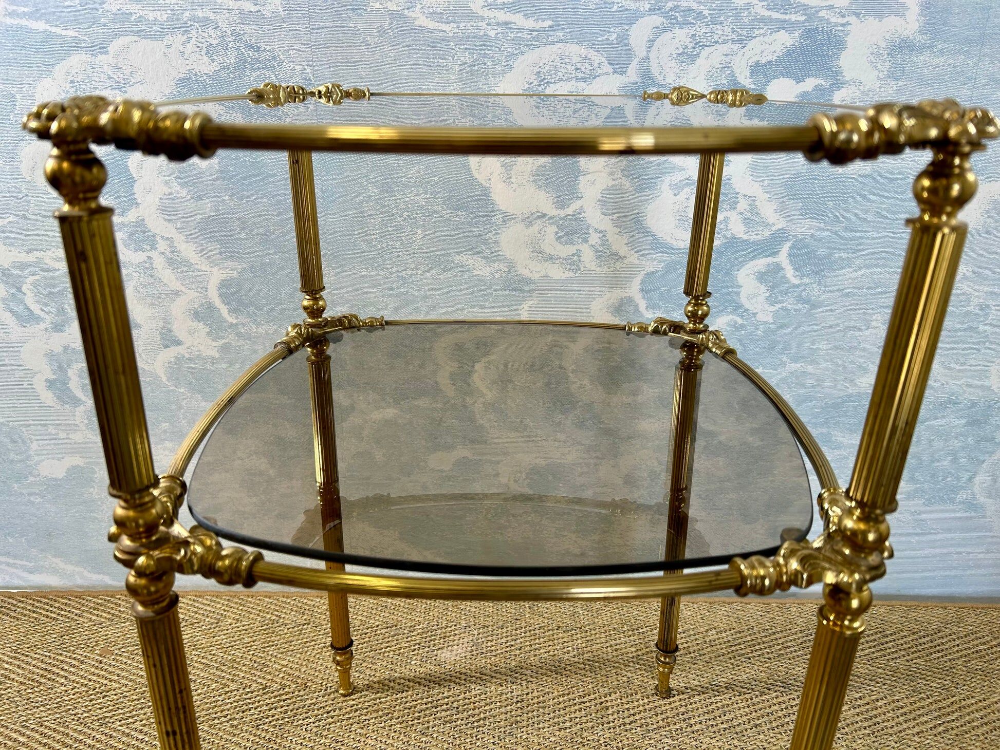Two-tier side table with smoked glass top, Hollywood Regency