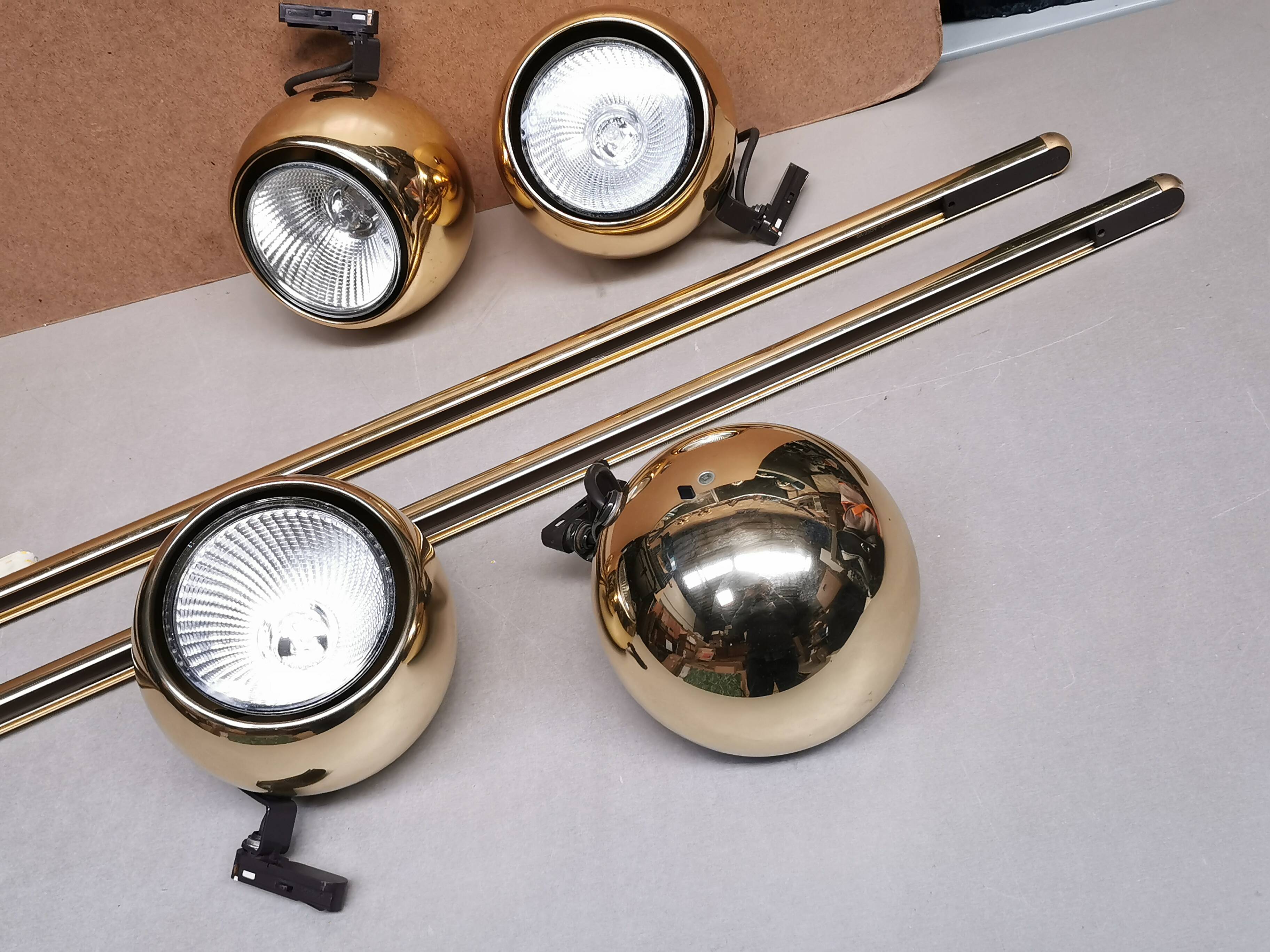 4 large golden ball spots, space age 60 70's. concord wall light on rails