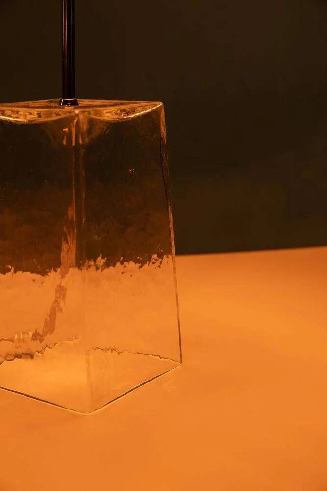 Minimalist glass table lamp from the 80s with a pleated shade.