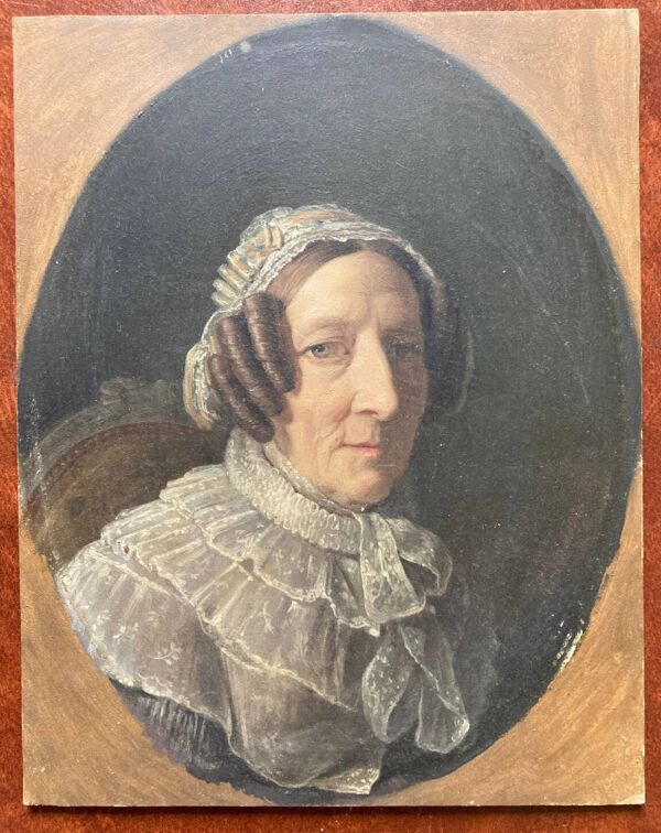 Tableau ancien - portrait de femme qui affiche boucles et tortillons