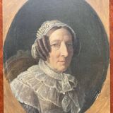 Tableau ancien - portrait de femme qui affiche boucles et tortillons