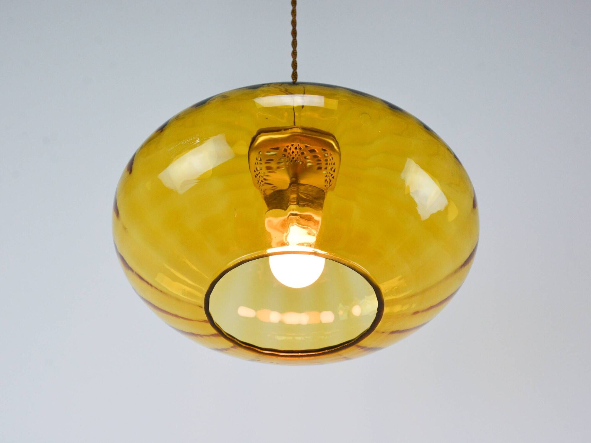 Mid-Century Brass and Amber Glass Pendant Lamp