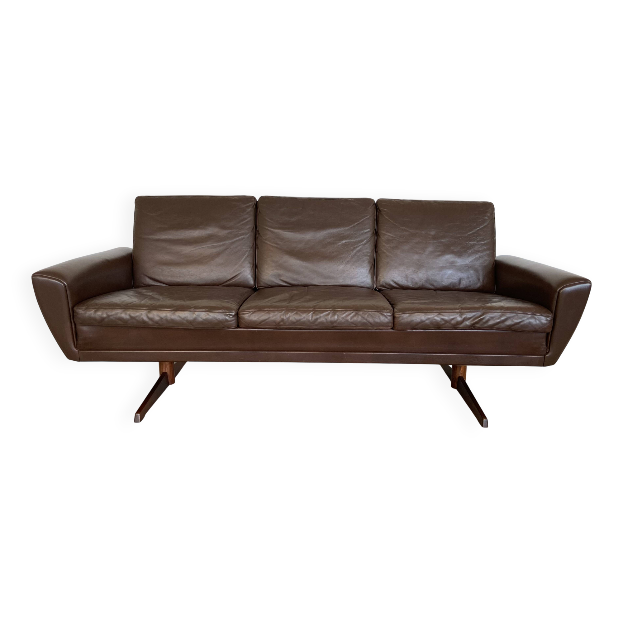 Vintage retro danish mid-century g. thams 3 person sofa in brown leather