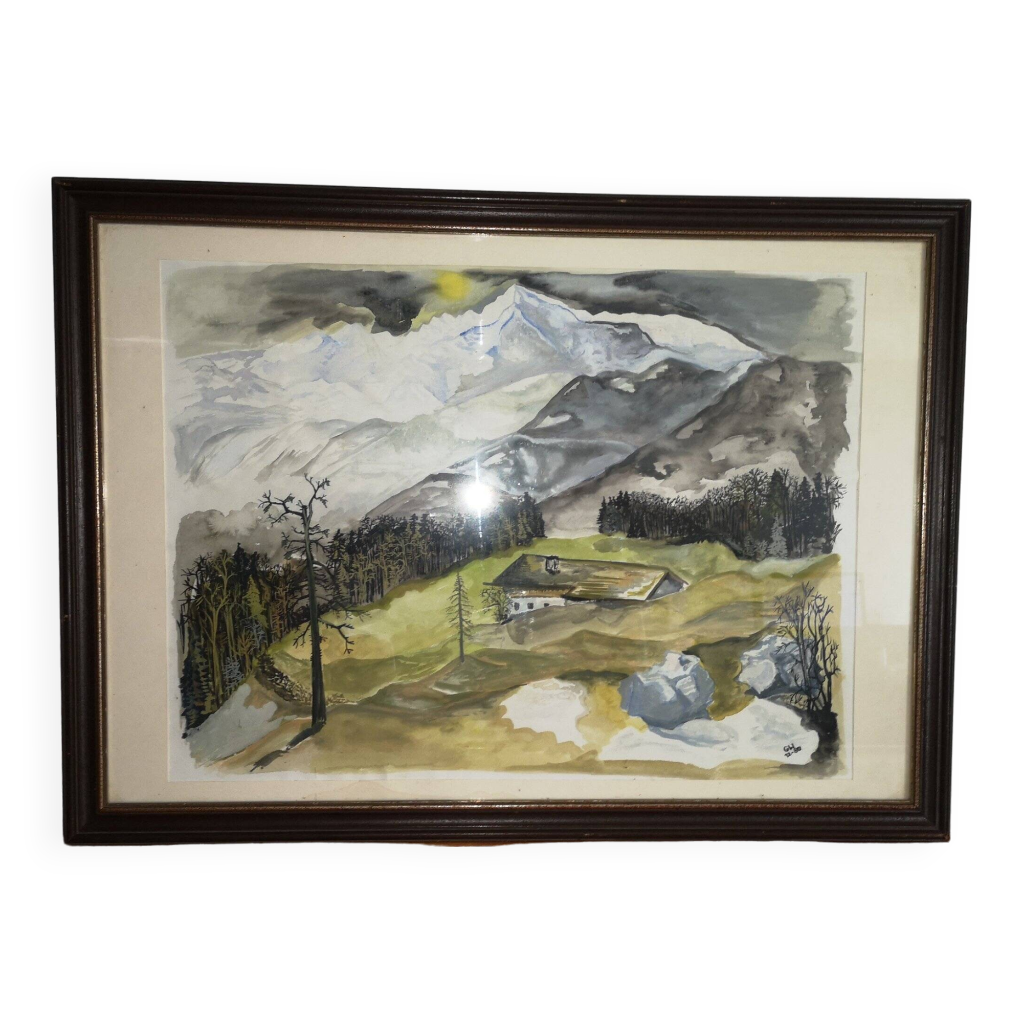 Watercolor landscape mountain chalet by gw ledward 12 80 switzerland savoie sign gw 12 80