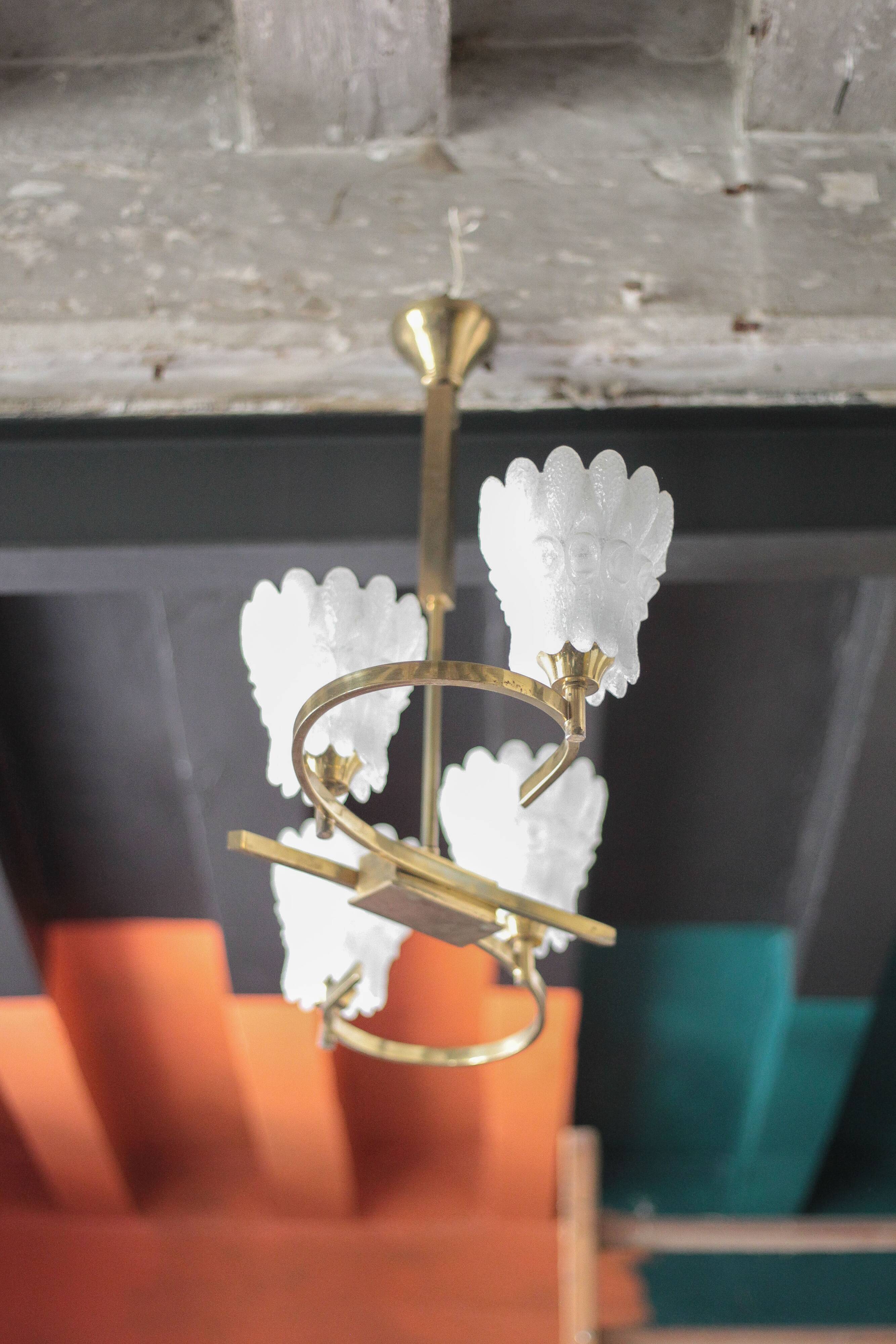 Vintage brass suspension with thick milk glass globe, brass chandelier.