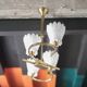 Vintage brass suspension with thick milk glass globe, brass chandelier.