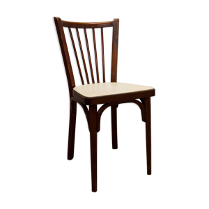 chaise Baumann 153 en bois foncé et skaï blanc