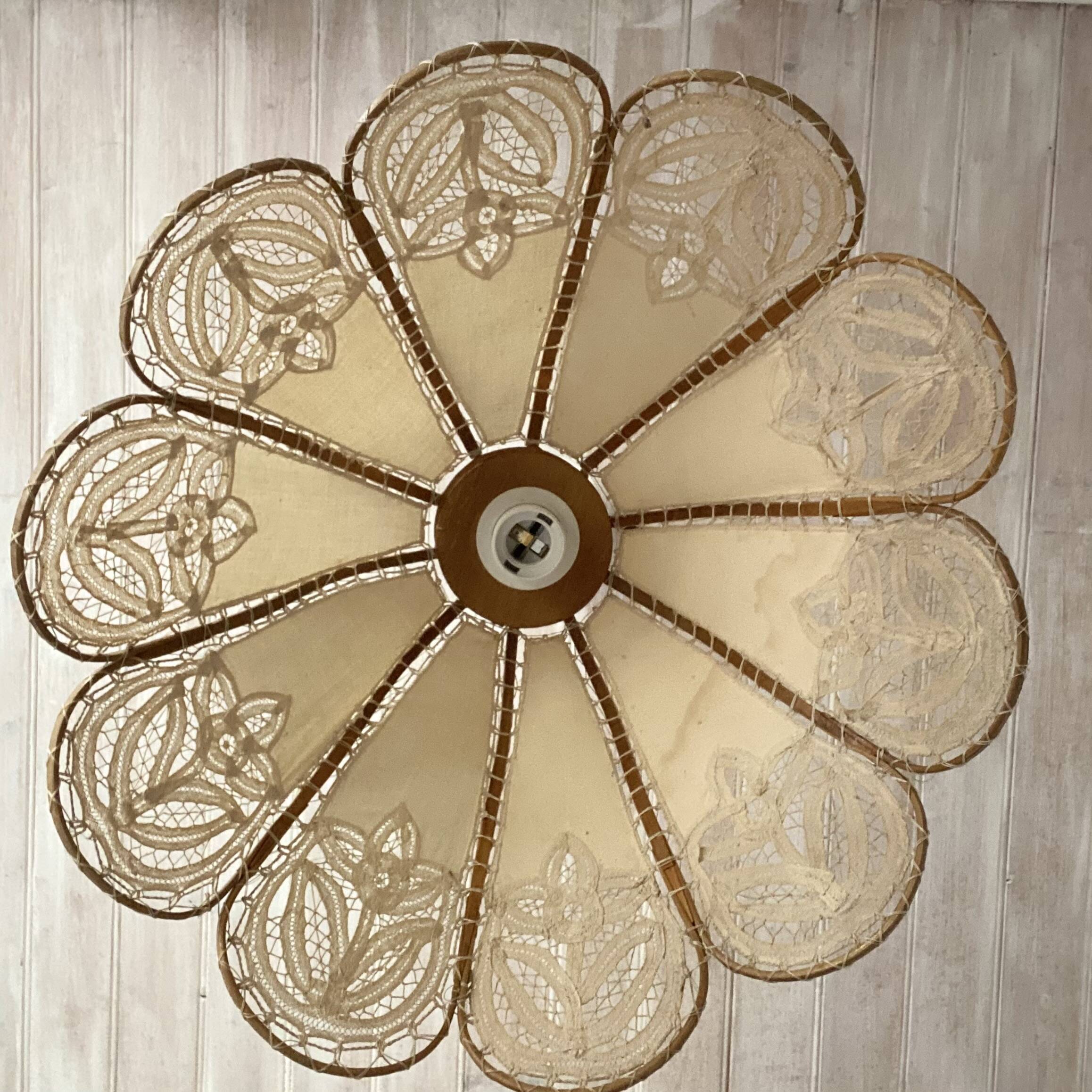 Antique hanging lampshade in rattan and openwork embroidered fabric