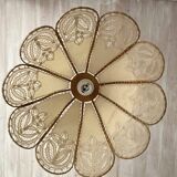 Antique hanging lampshade in rattan and openwork embroidered fabric