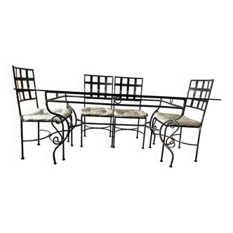 Wrought iron and glass table with 6 chairs