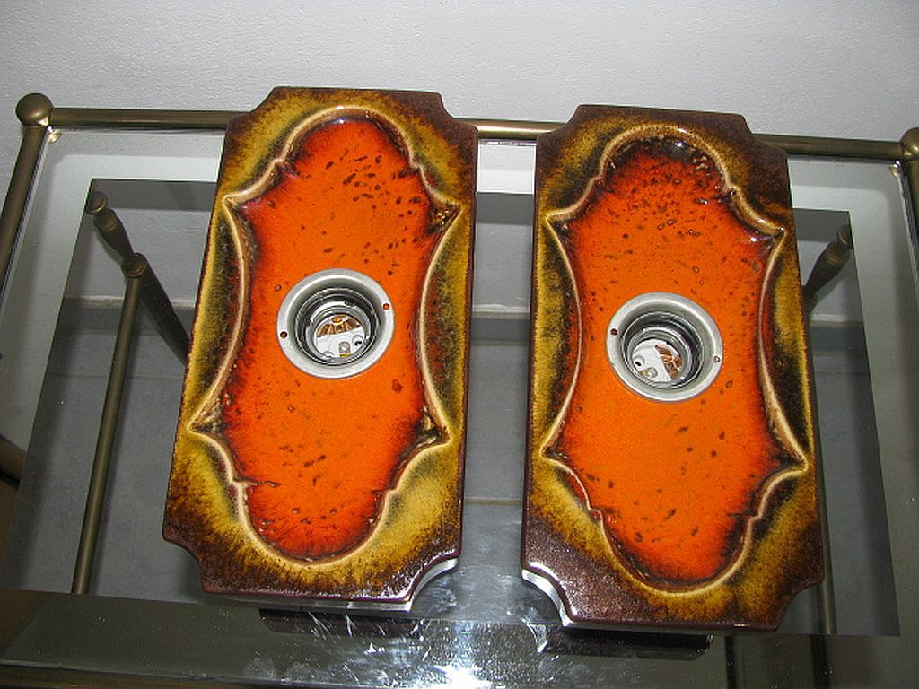 Set of 2 German Orange Lava Ceramic Wall Lamps from the 1960s / 70s Pan Keramik