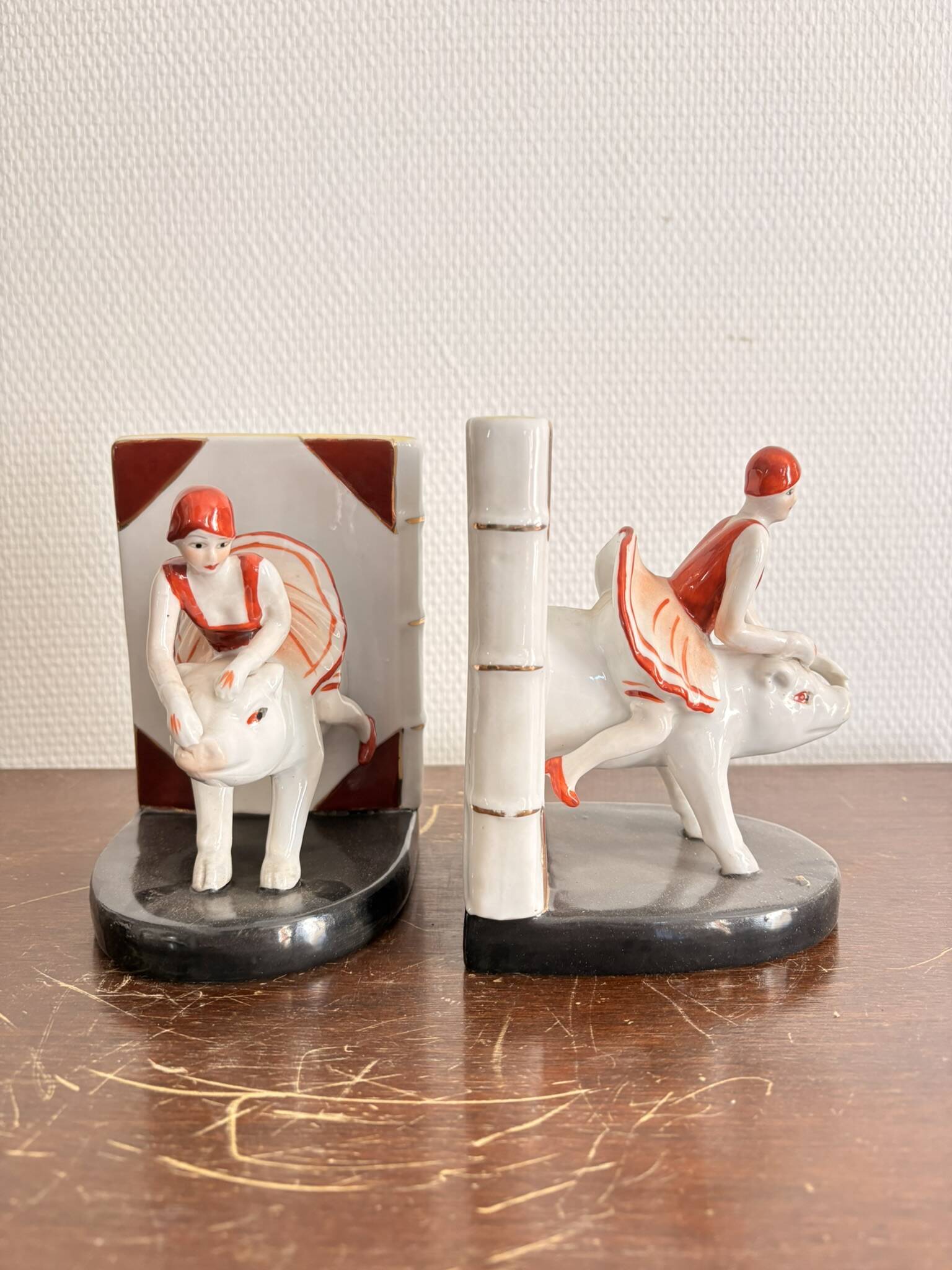 Old Pair of Bookends Porcelain White Girl Woman Equestrian Pig Art