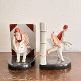Old Pair of Bookends Porcelain White Girl Woman Equestrian Pig Art