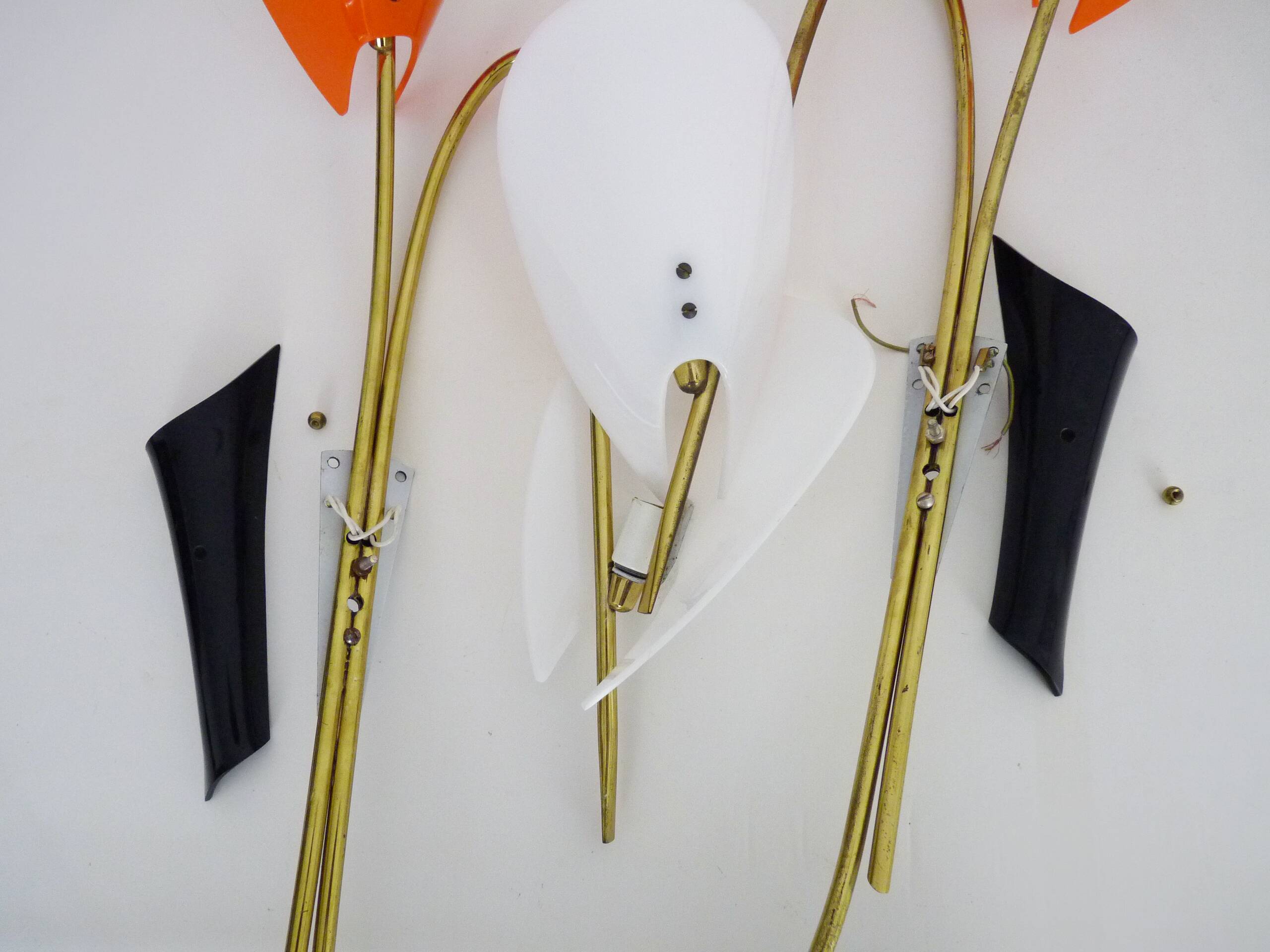 Pair of Mid-Century orange and white Arum wall sconces, Italy, 1950s