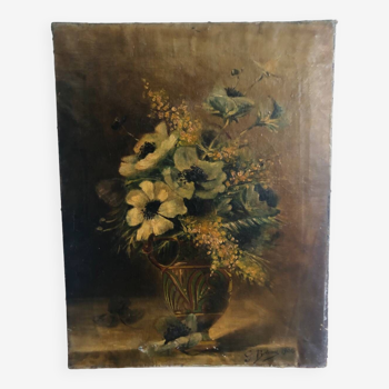 Huile sur toile XIXe bouquet de fleurs