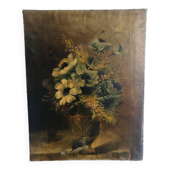 Huile sur toile XIXe bouquet de fleurs