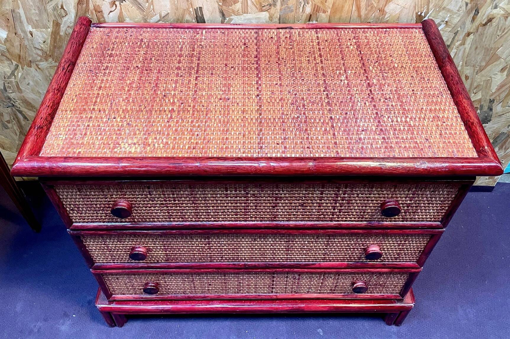 Wood and rattan commode Maugrion vintage 1980s