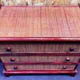 Wood and rattan commode Maugrion vintage 1980s