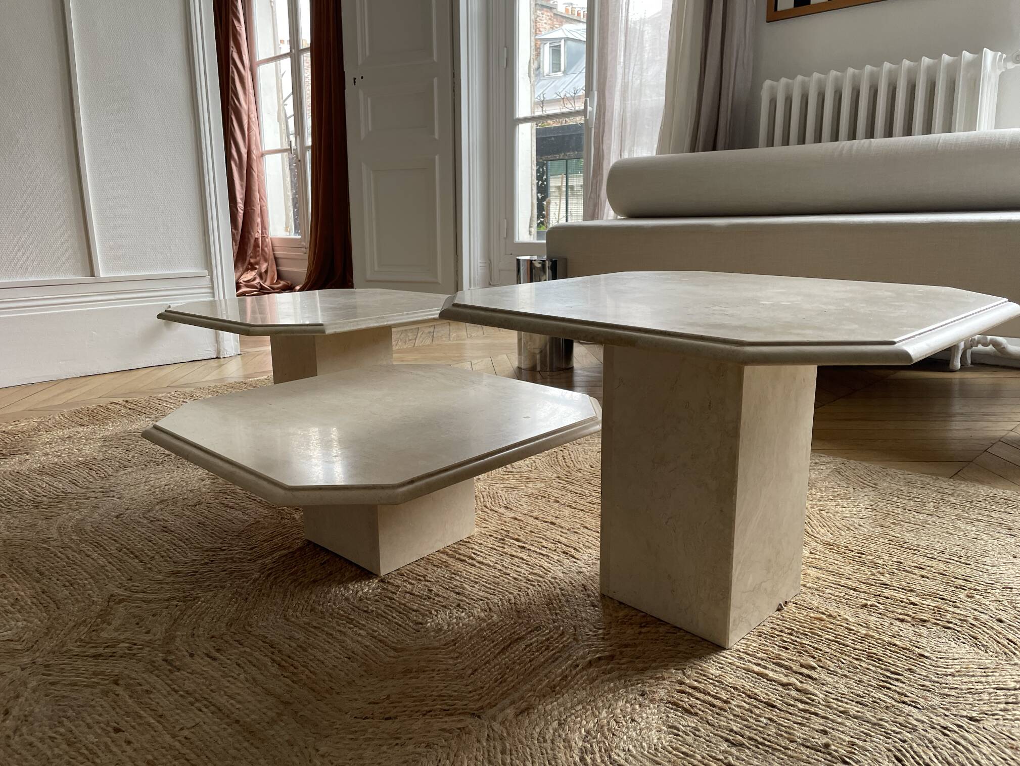 Set of three travertine coffee tables from the 70s
