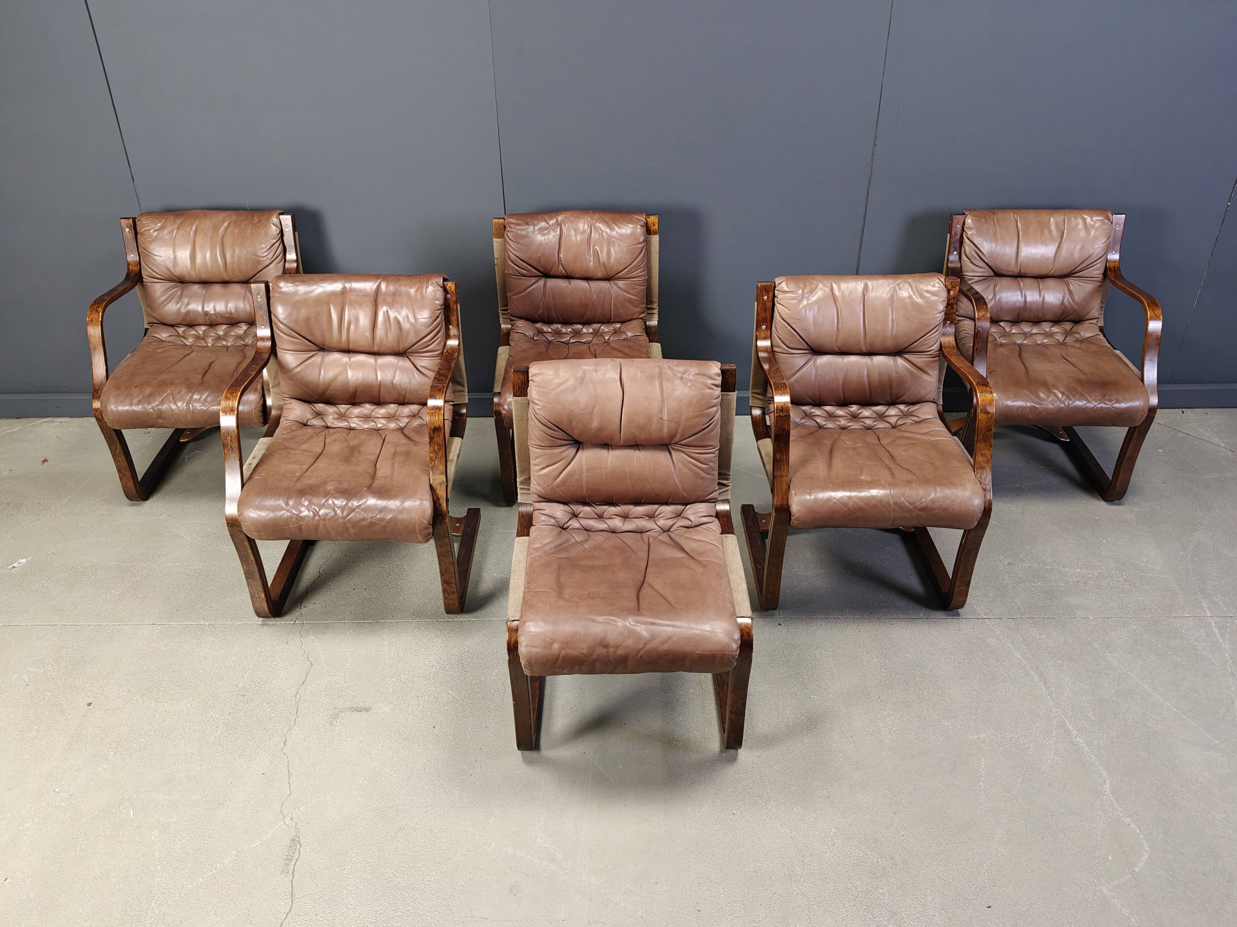 Asko Pajamies vintage leather plywood chairs from Finland, set of 6 - 1970s