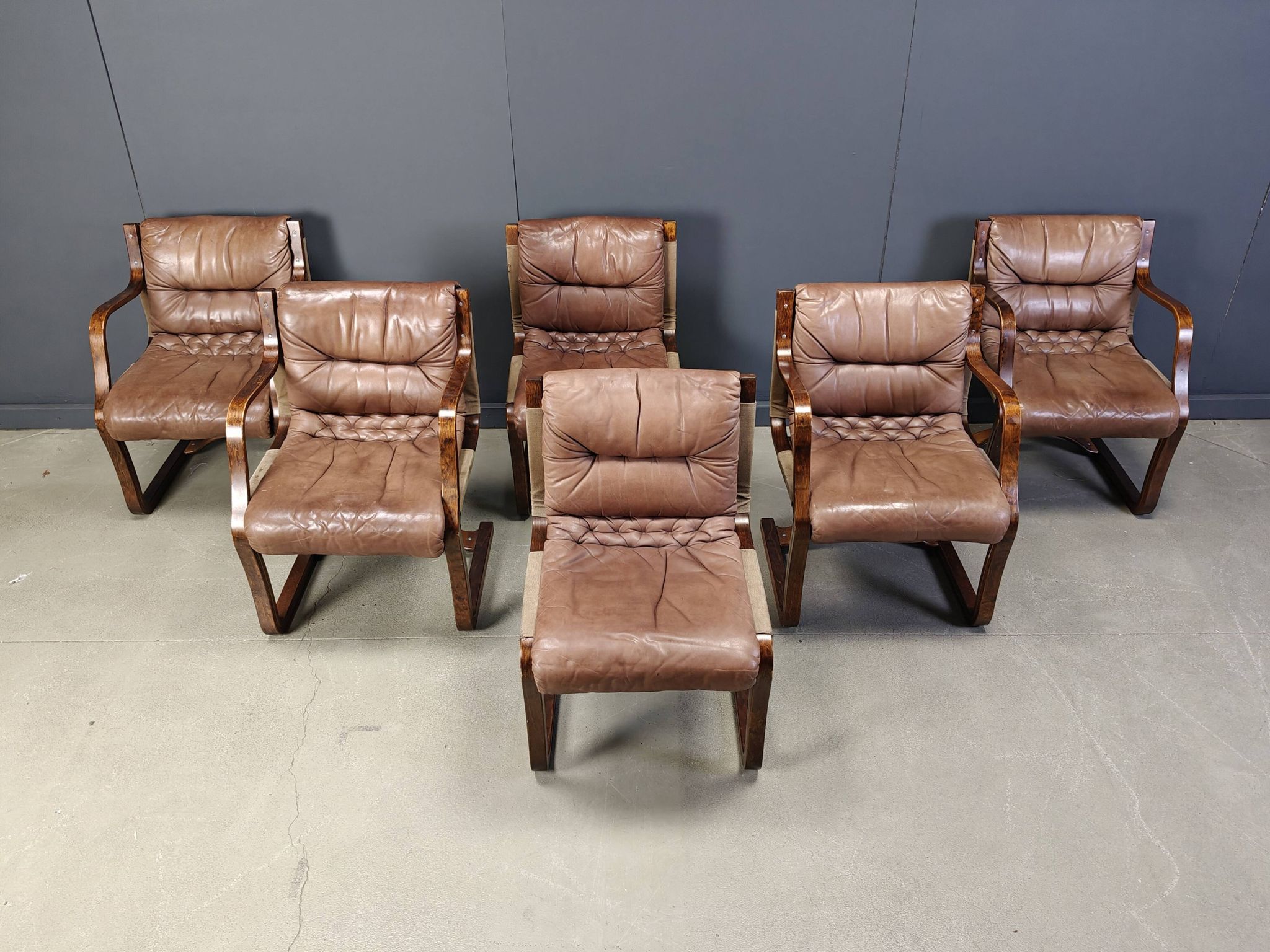 Asko Pajamies vintage leather plywood chairs from Finland, set of 6 - 1970s