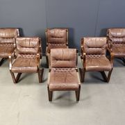 Asko Pajamies vintage leather plywood chairs from Finland, set of 6 - 1970s