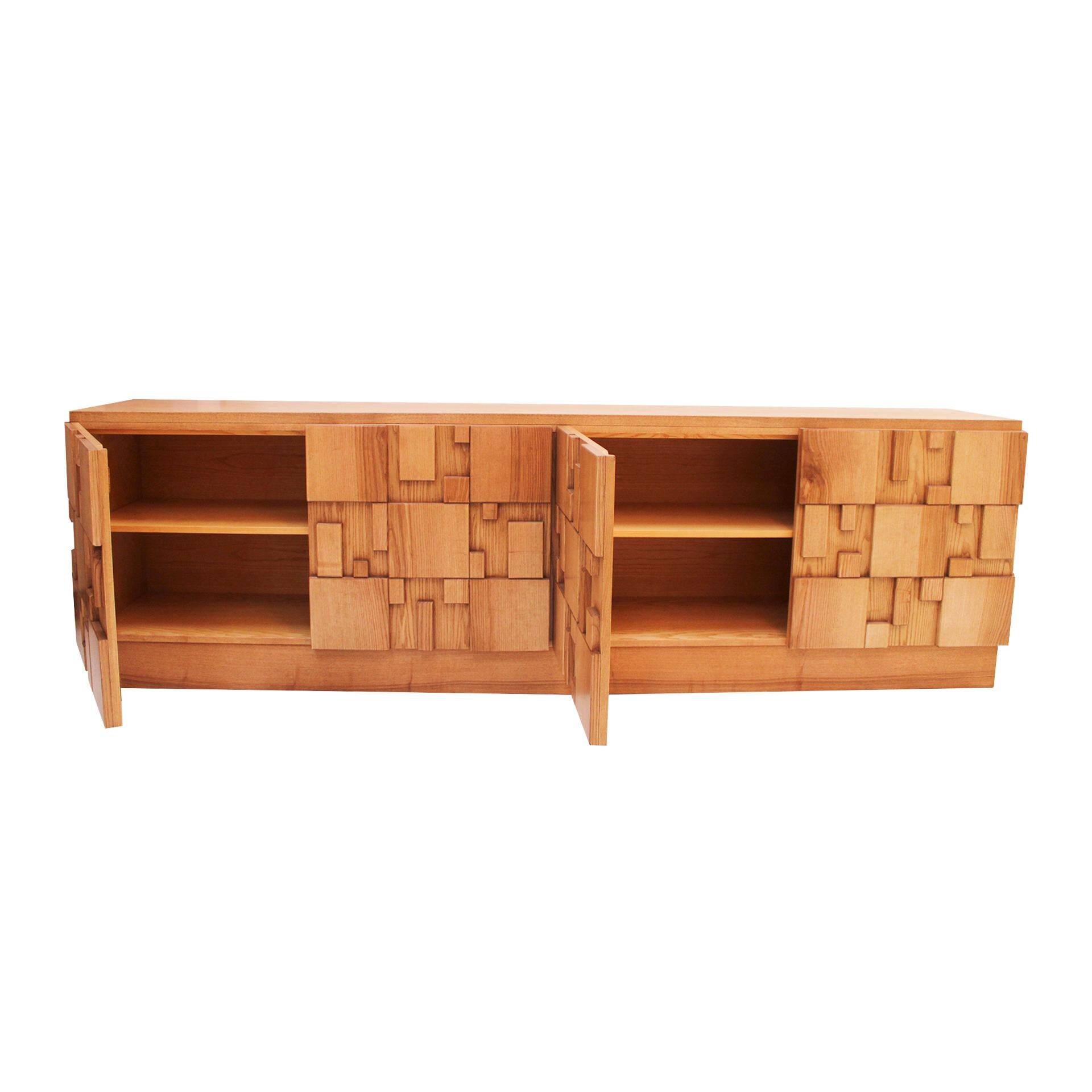 Brutalist Style Oak Handcarved Italian Large Sideboard