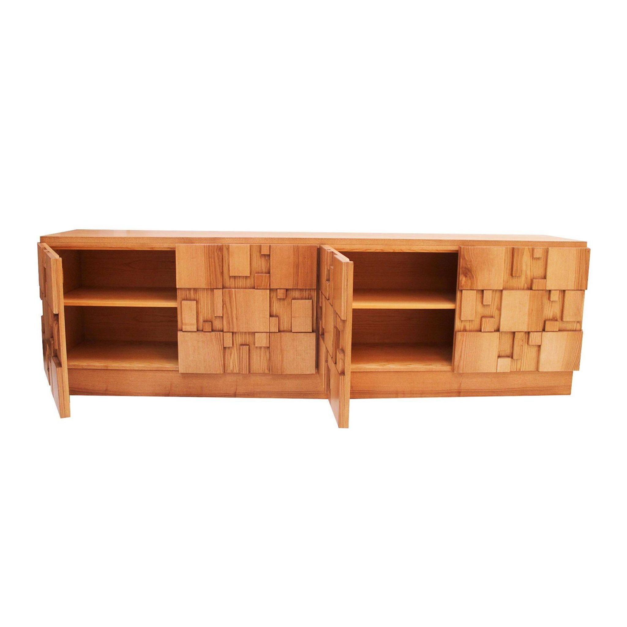 Brutalist Style Oak Handcarved Italian Large Sideboard