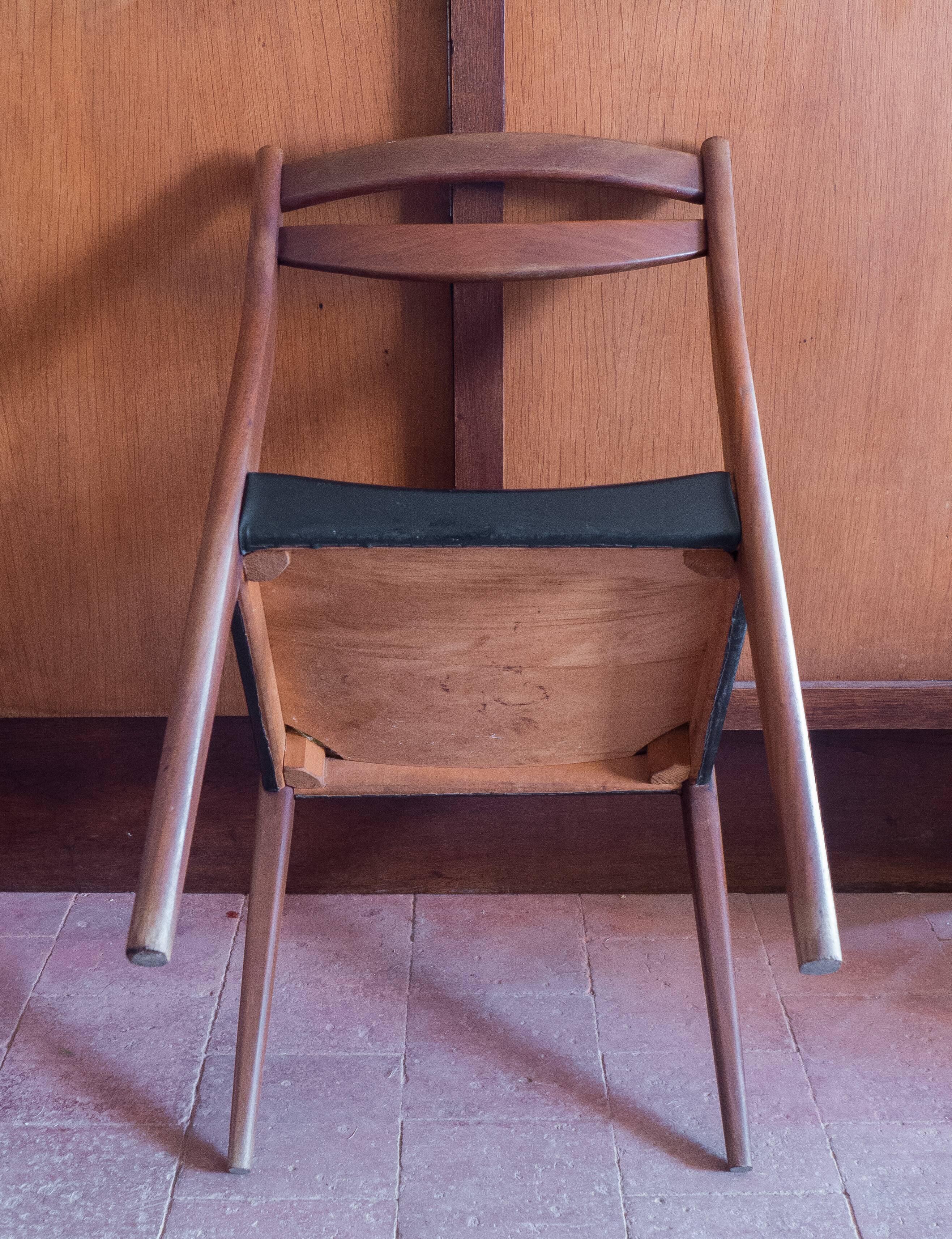 Set of 4 wooden and black faux leather chairs, Scandinavian style, wooden chair