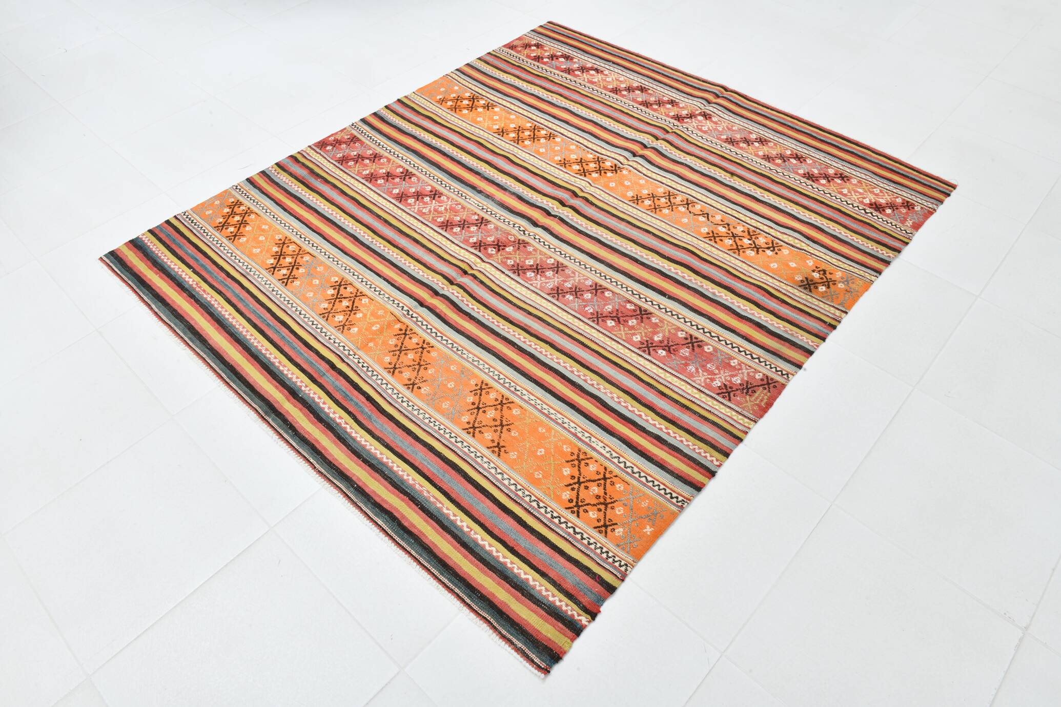 5x6 Vintage Red & Orange Striped Kilim Rug, 163x193Cm