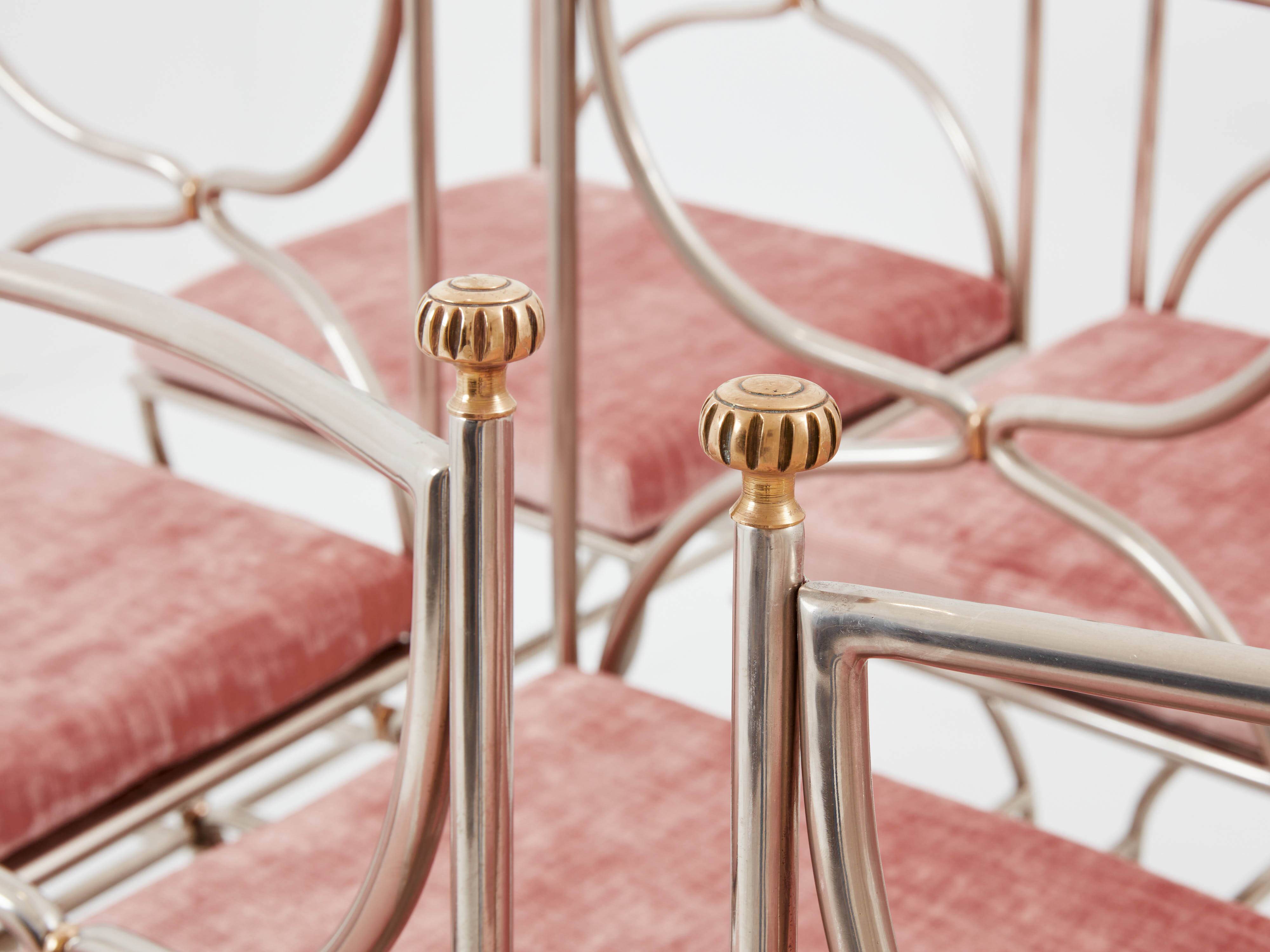 Maison Jansen rare set of 12 steel brass pink velvet chairs 1960