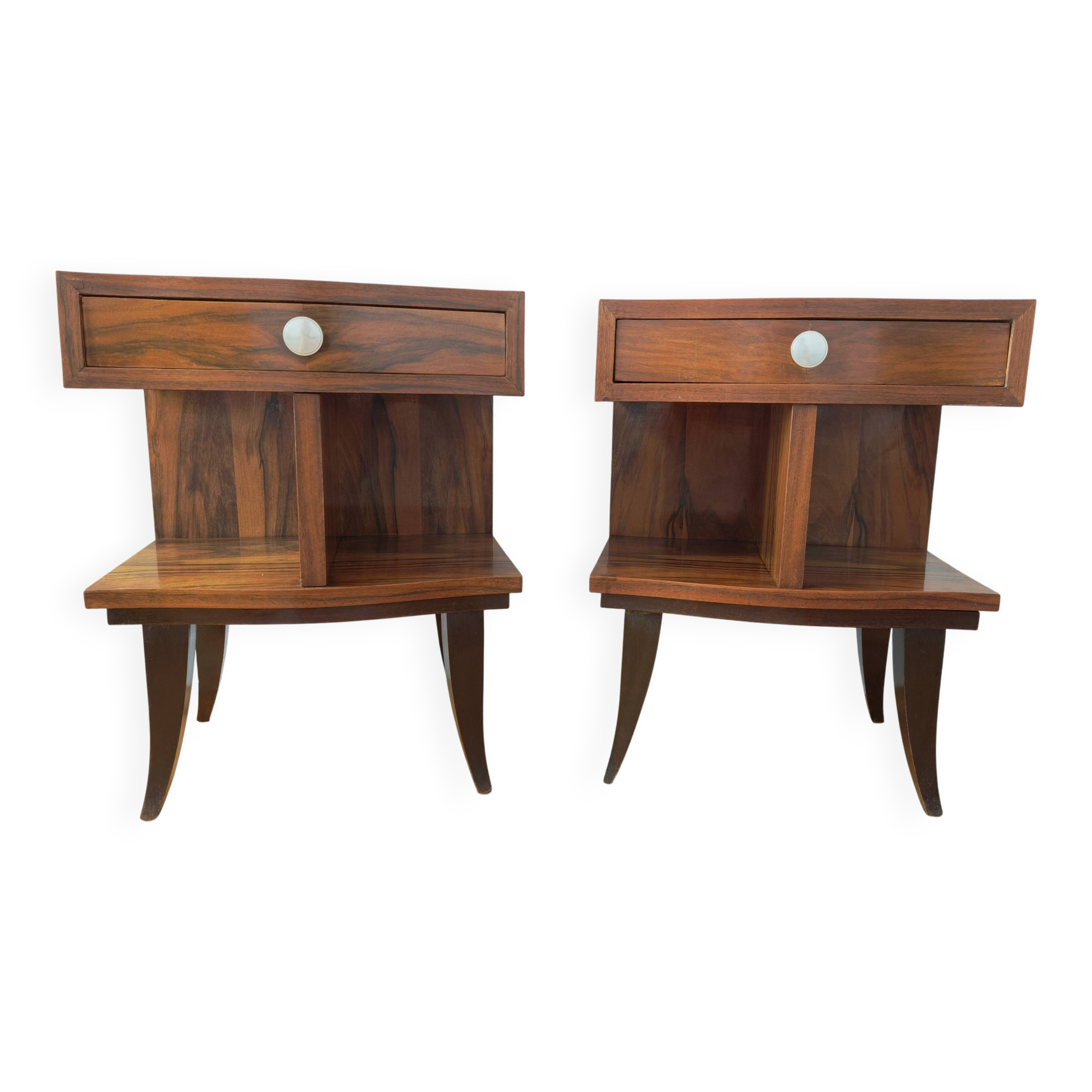 Pair of Art Deco bedside tables with flame veining, 1930s.